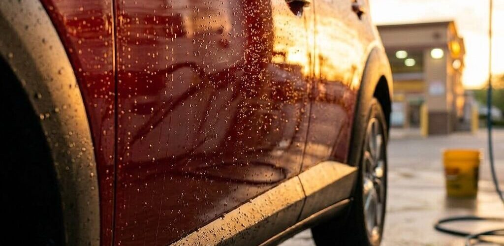 Close-up of car side with water droplets reflecting warm sunset light