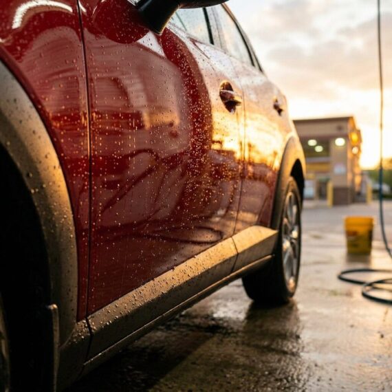 Close-up of car side with water droplets reflecting warm sunset light